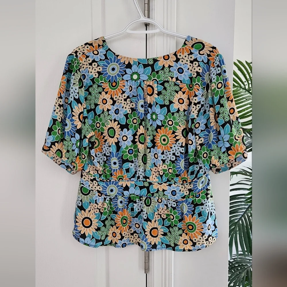 CAbi Floral Print Women's Blouse - Blue, Green, Orange - Picture 2 of 4
